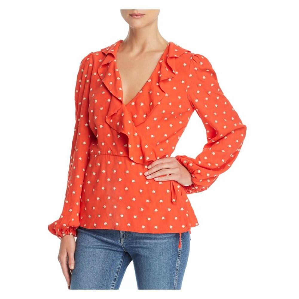 PERSEVERANCE Womens Red Ruffled Floral V Neck Top Size: 4
